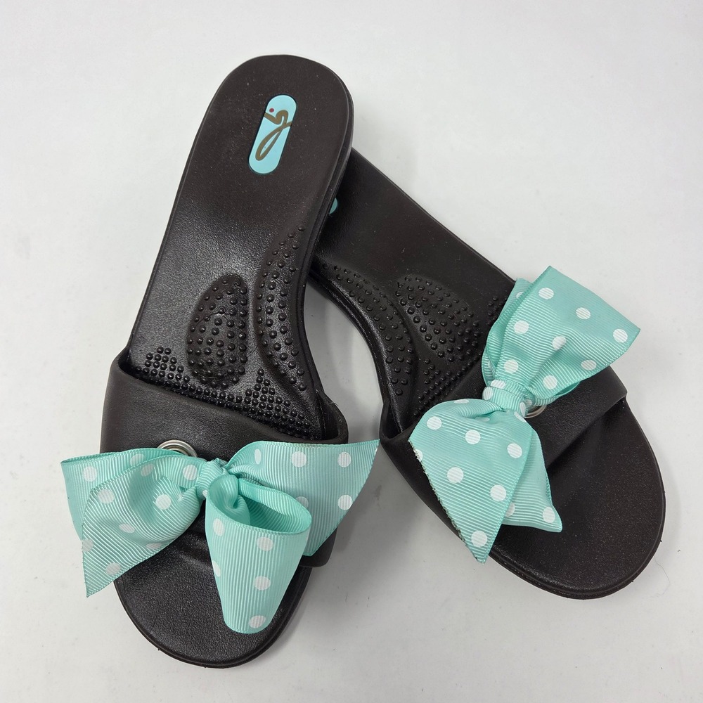 Oka-B Madison Slide Sandals Brown Aqua Polka Dot Bow Made USA Women's M 7-8 USA